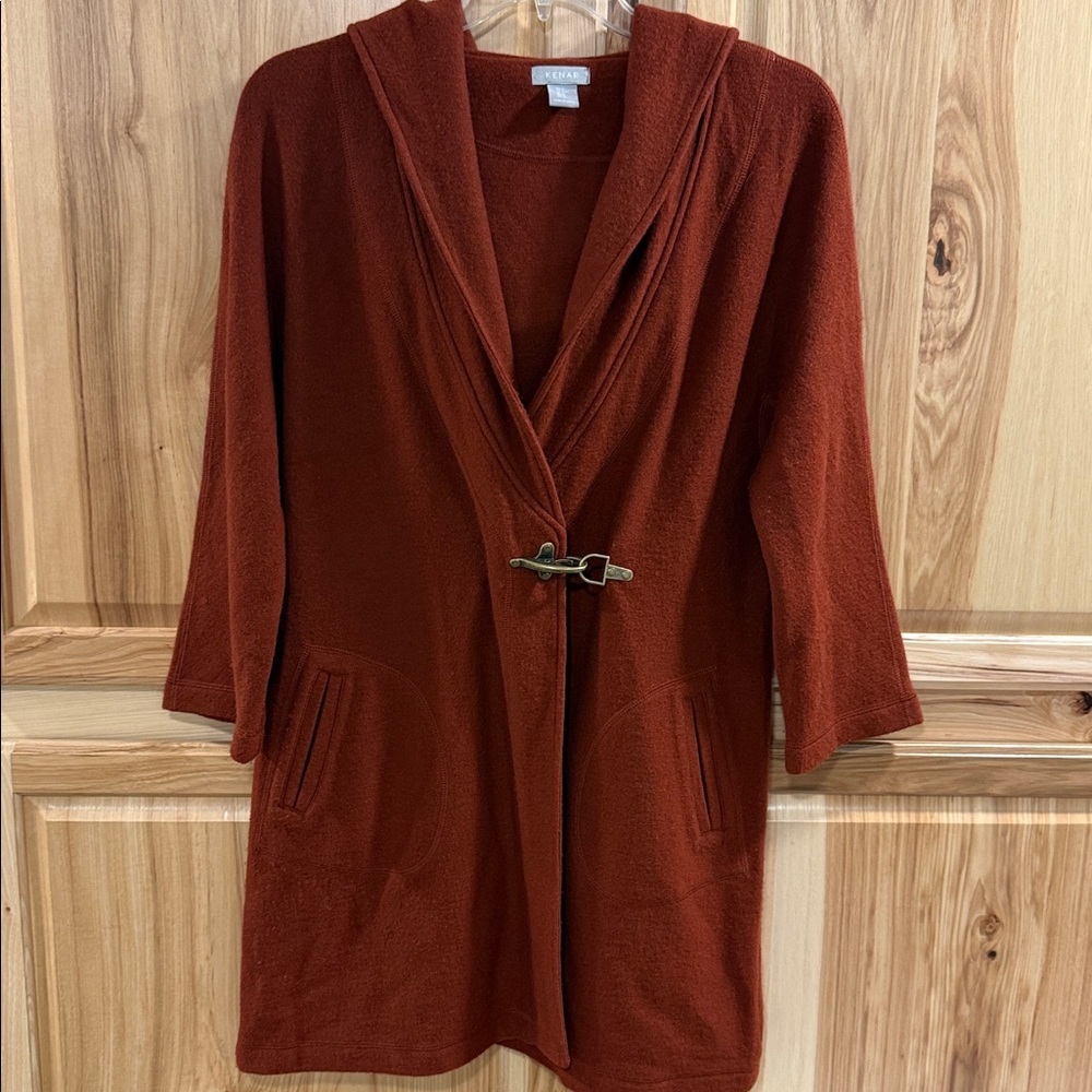 Kenar Rust Wool Hooded Cardigan with Toggle Boho Fall Vibes Outdoor Layering